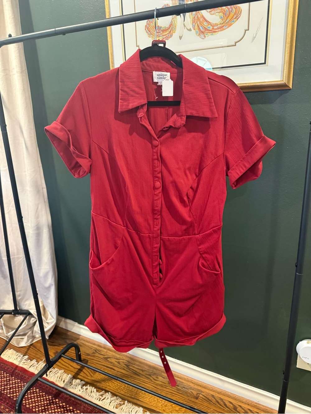 Unique Vintage Red Short-Sleeve Button Romper